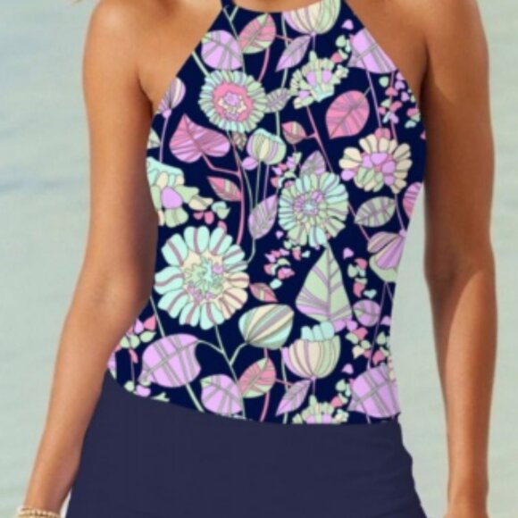 Dark Blue Floral High Neck Cross-back Tankini Set With Ruffle Skirt - la… - Picture 1 of 9